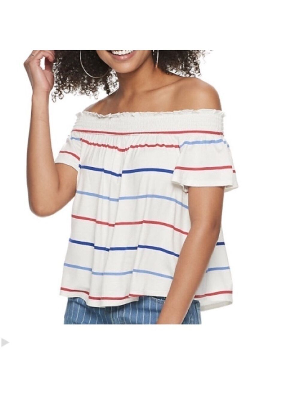 SO on or off shoulder short sleeve top Woman’s Juniors XL white blue red - Picture 2 of 15